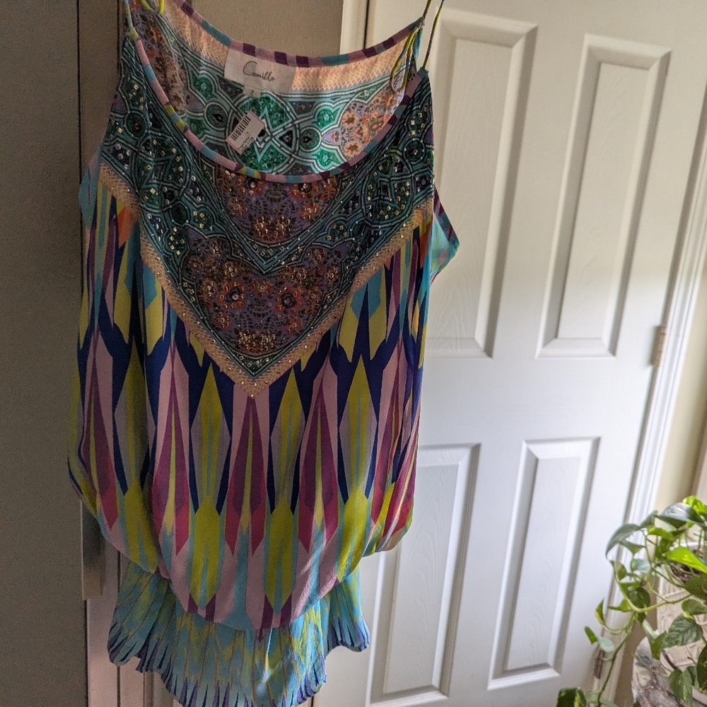 Camilla Beaded Multicolor Printed Tank Top — Teal, Purple, Yellow, Orange